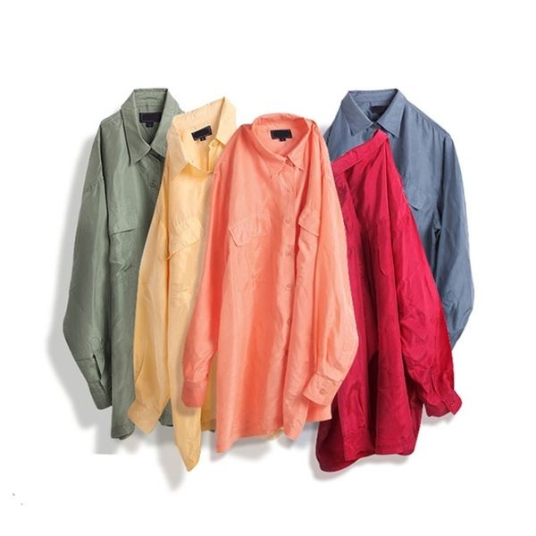 

women summer 100% natural silk blouse real long sleeve basic shirt ol solid multi-color shirts blouses for 210730, White