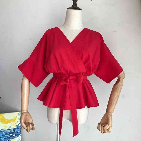 

women's blouses & shirts women summer v - neck short-sleeved slim waist chiffon blouse shirt lady ruffle thin short c742 edla, White