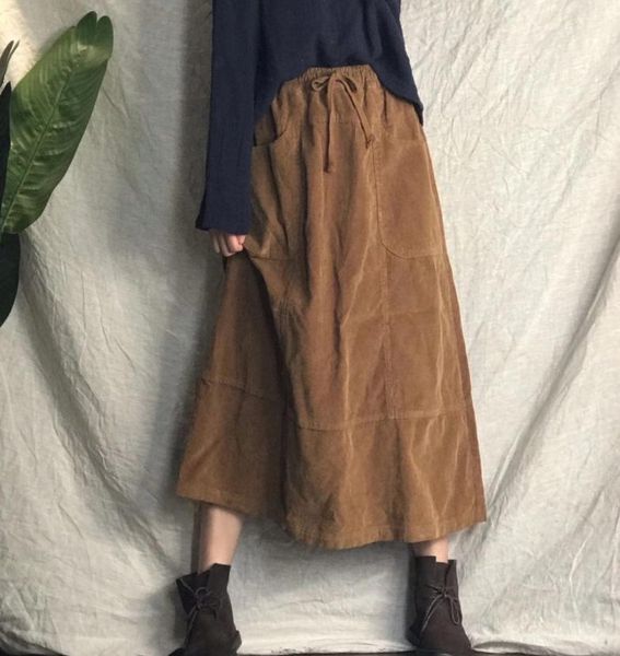 

autumn winter skirts women retro solid color loose empire waist fermale wild corduroy a-line clothing, Black