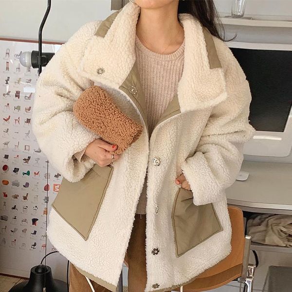 

women's jackets [ewq] korea chic autumn winter lapel pocket stitching design loose fur front and back plush woolen coat female tide 202, Black;brown