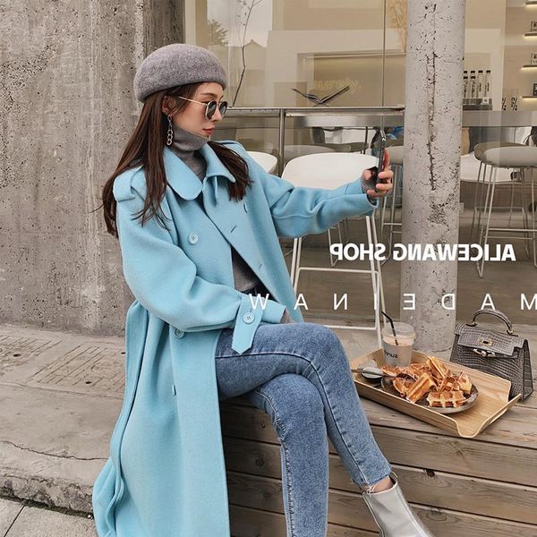 

women's wool & blends heydress casual fashion women woolen coat vintage winter elegant single breasted with belt blue loose long warm o, Black