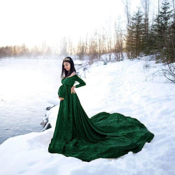 Umstandskleider Schwangerschaft Frauen Samtkleid Mode Herbst Winter Kleidung Lässig V-Ausschnitt Langarm Tailing Maxikleid Po Shoot Prop Vesti