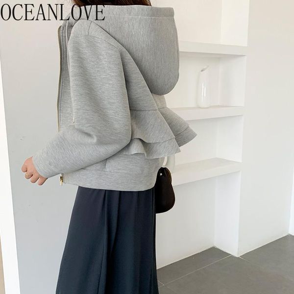 

ruffles woman jackets solid zipper hooded japan style mujer chaqueta 2021 autumn winter femme veste fashion 19252 women's, Black;brown