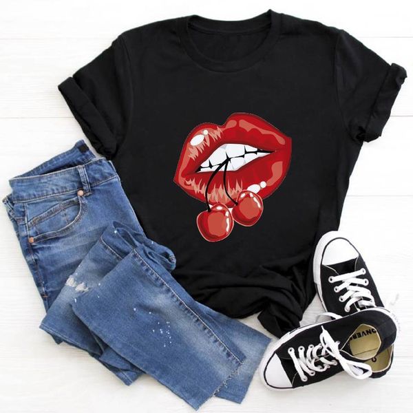 

red mouth lip aesthetic fashion women t shirts girls 90s harajuku ulzzang graphic summer tee female, White