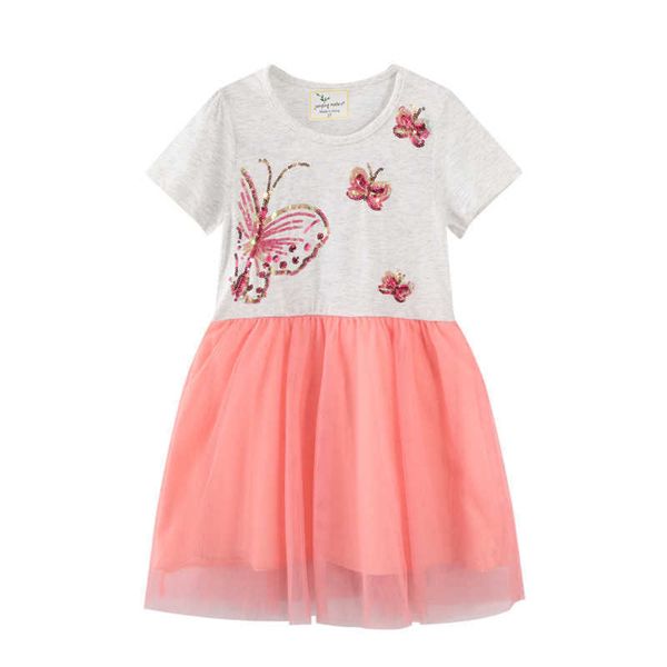 

jumping meters princess summer girls party clothing beading butterflies kids dresses short sleeve children's frocks costume 210529, Red;yellow