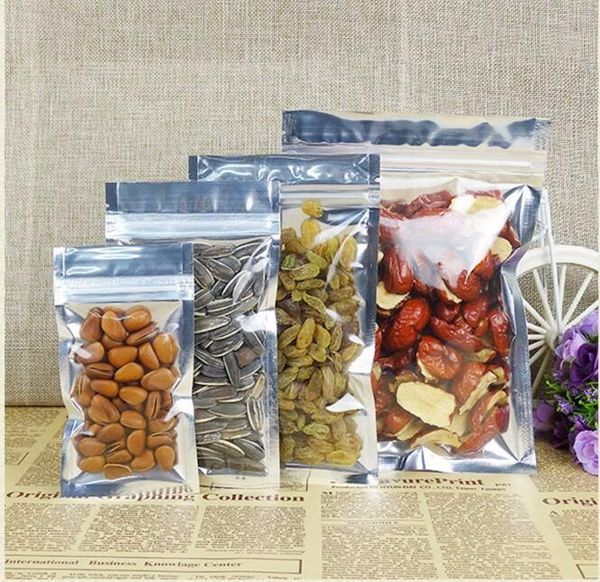 

storage bags 100pcs resealable food packaging zipper bag silver aluminium foil and front clear plastic pouch