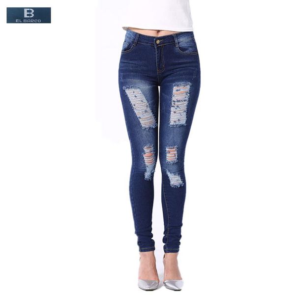 

[el barco] denim cotton ripped holes female jeans soft breathable skinny pencil pants summer blue casual trousers size s-xxl women's