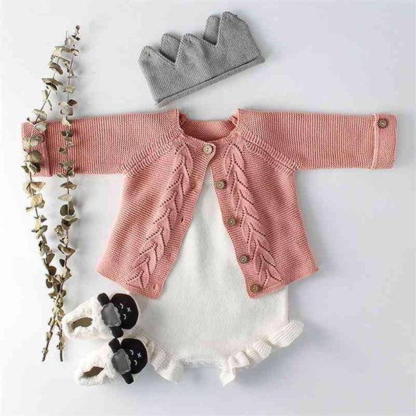 Baby Jungen Mädchen Outfits Kleidung Set Born Leaf Strickmantel + Strampler Anzug Frühling Herbst Säuglingskleidung 210521