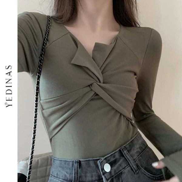 

yedinas slim t shirt women elastic basic t-shirts female casual long sleeve thin t-shirt irregular spring streetwear 210527, White