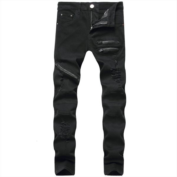 

fashion pencil solid color women pants high waist ripped trousers zipper design close fitting for men black white red