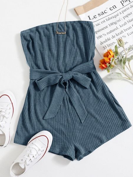 

waffle knit self belted romper i5ub#, White