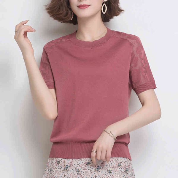 

women's t-shirt fashion mesh patchwork short sleeve knitted women casual solid knitwear female summer slim pullover tee 4daf, White