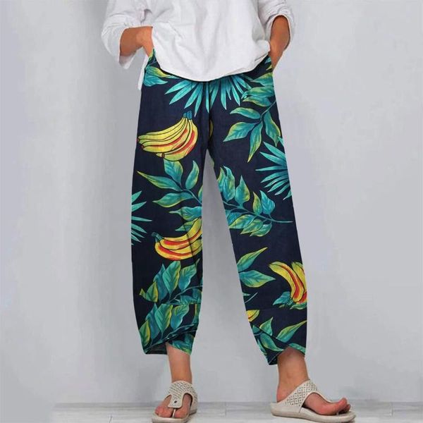 

women's pants & capris cotton linen trouser elastic high waisted women ankle-length leaves printing trousers loose wide leg pantalo #g3, Black;white