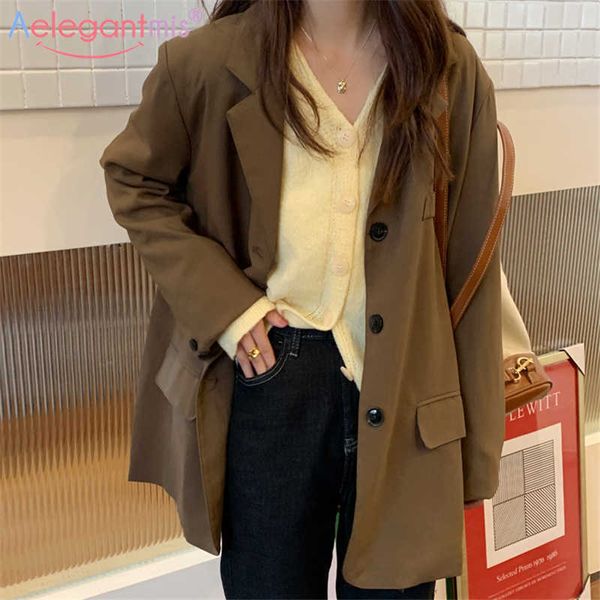 

aelegantmis office lady vintage brown casual loose blazer jacket women chic simple retro female single breasted coat ol 210607, White