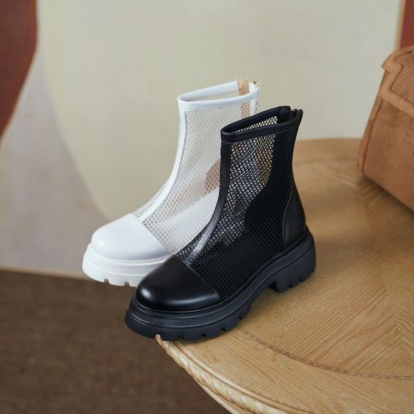 

boots 2021 cool genuine leather mesh zipper female pumps spring summer round toe square high heel women shoes booties woman, Black
