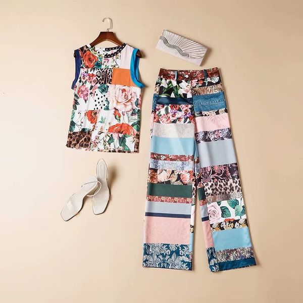 

dress european and american women's clothing 2021 spring sleeveless vest with floral print wide-legged pants fashion suits gxwr, White