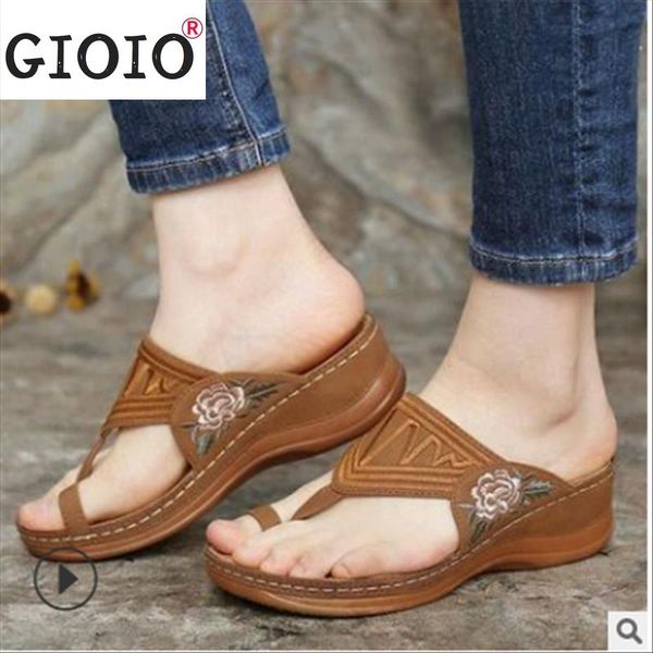 

sandals summer shoes for women flip flops slippers 2021 embroidered wedges heels slides flip-flops female pantuflas, Black