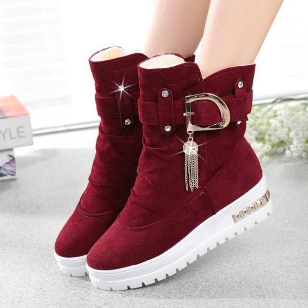 

boots height increasing the snow women ankle slip-on round toe fringe solid plush winter non-slip keep warm thick bottom, Black