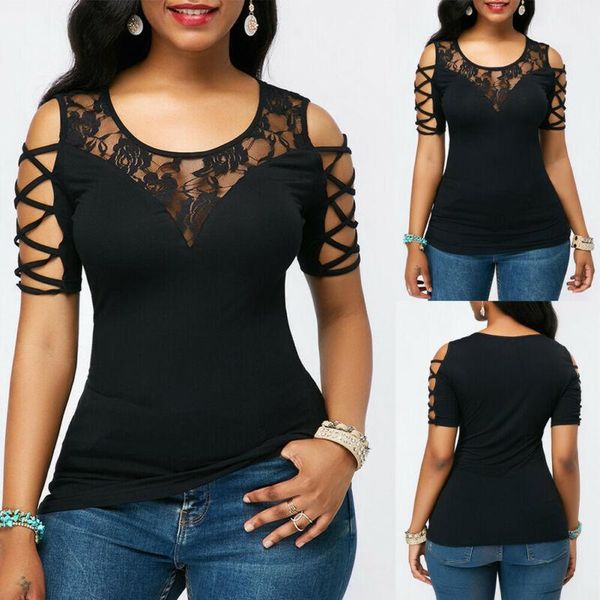 

women's t-shirt 2021 women cold shoulder round neck short sleeve floral lace slim top, White