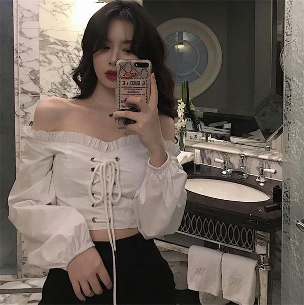 

women's blouses & shirts women self design black white long puff sleeve slash neck chic crop blusa fashion lace up female retro bl