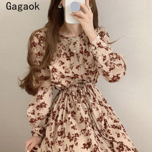 

casual dresses gagaok woman dress elegant 2021 spring autumn o neck floral print slim korean chic fashion wild vestido feminino, Black;gray