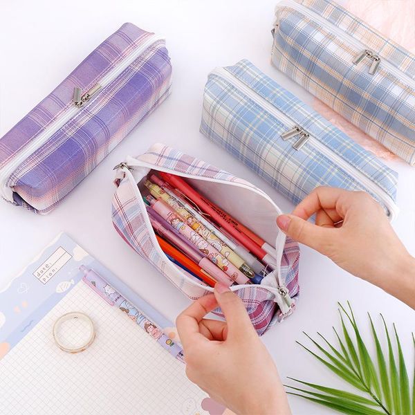 

pencil bags cute ins wind square plaid case large capacity multifunctional school supplies stationery canvas bag