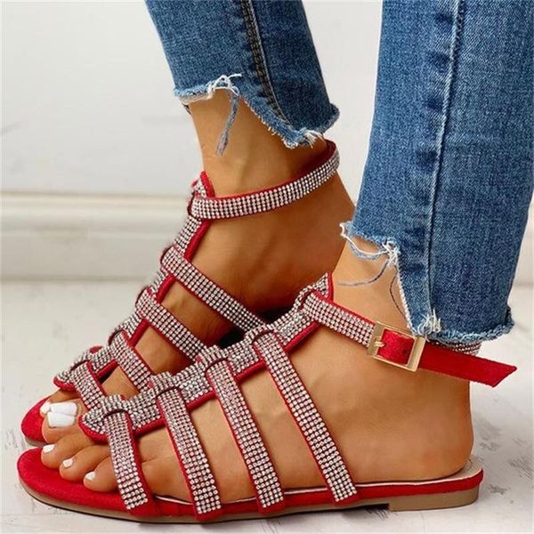 

women's flat sandals 2021 summer ankle straps ladies outdoor rome crystal bling beach glitter gladiator, Black