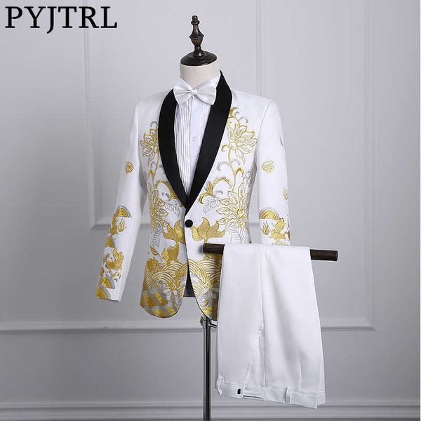 PYJTRL Scialle Maschile Risvolto Bianco Nero Rosso Ricamato Prom Abiti Interi Internazionali Cantante di Scena Costume Homme Abiti Da Uomo Con Pantaloni X0909