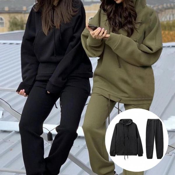 

women's two piece pants trendy all-match elastic cuffs solid color hooded sweatshirt set streetwear women outfit casual tracksuit, White