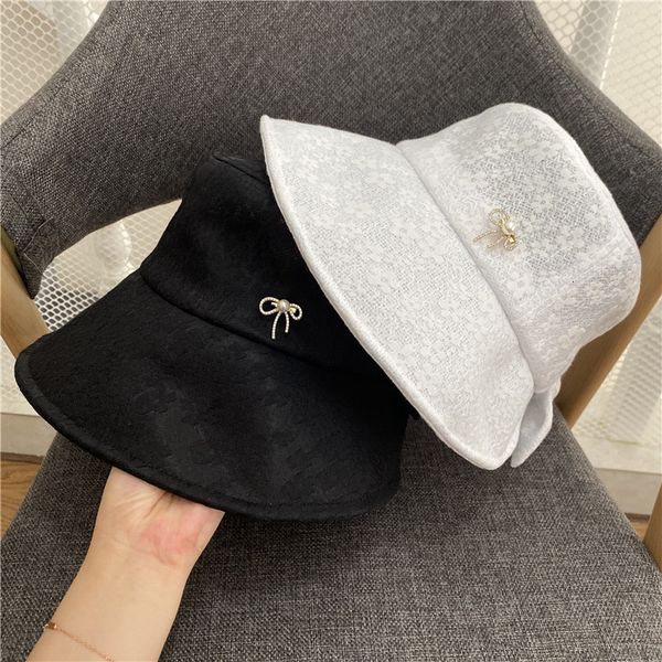 

lace thin pearl diamond bow fisherman's hat, Yellow