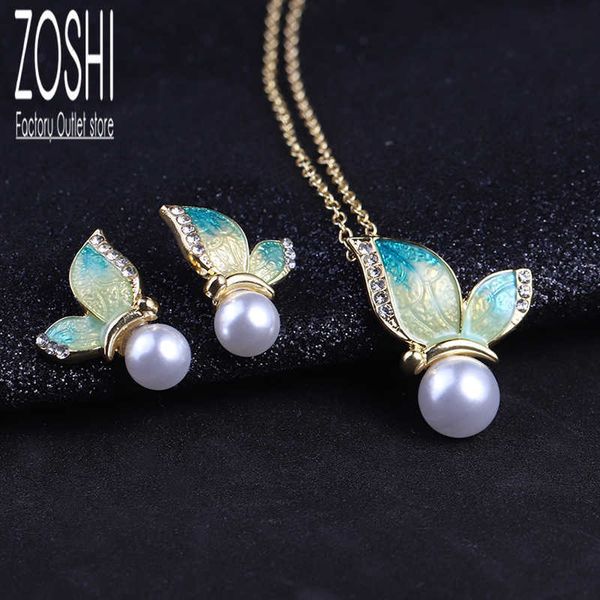 

jewelry sets luxury designer bracelet bohemian butterfly necklaces for women gold chain simulated pearl stud earrings enamel drop necklace w, Black