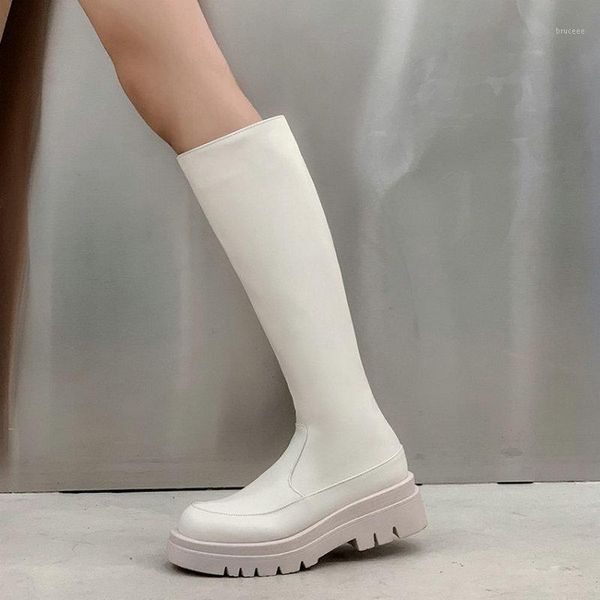 

boots solid beige black punk riding womens winter shoes chunky heels platform knee high woman big size 42 431