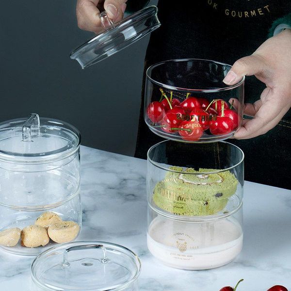 

glass storage jar container stacked multi-layer kitchen cookie jars refrigerator fruit salad bowl bottles &