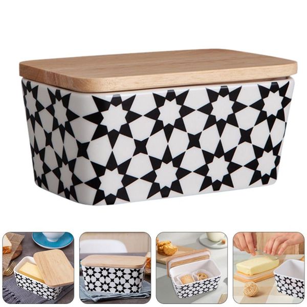 

dishes & plates 1pc patterned ceramic butter dish keeper container with wooden lid
