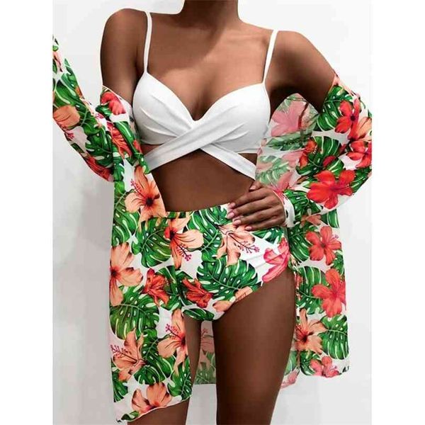 

bikinis and cover set women swimsuit printed swimwear high waist summer bathing suit beachwear biquini female 210728, White;black