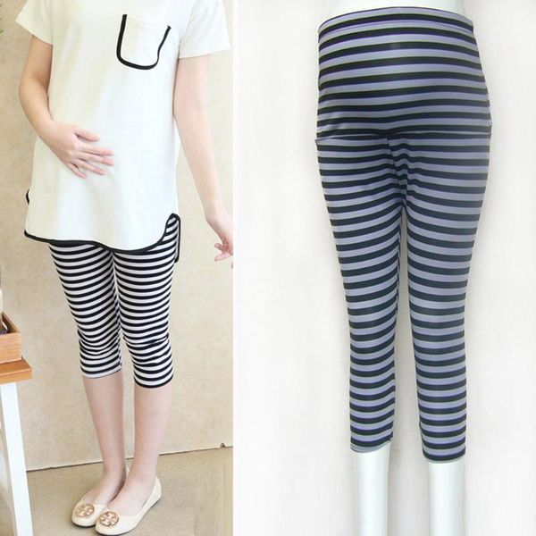 

maternity bottoms leggings pants clothes for pregnant women seven-quarter stripe print casual high waist, White