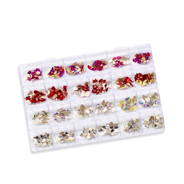 

nail art decorations 24 diamond boxed flat-bottom glass shaped mixed diy stickers jewelry set decoration glitter 3d polish manicure, Silver;gold