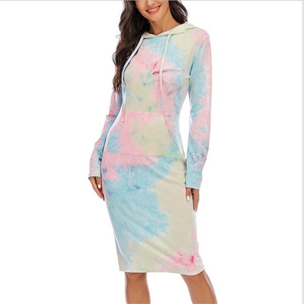 

print tie dye dress long sleeve colorful autumn winter women party streetwear outfits plus size hooded dresses casual, Black;gray