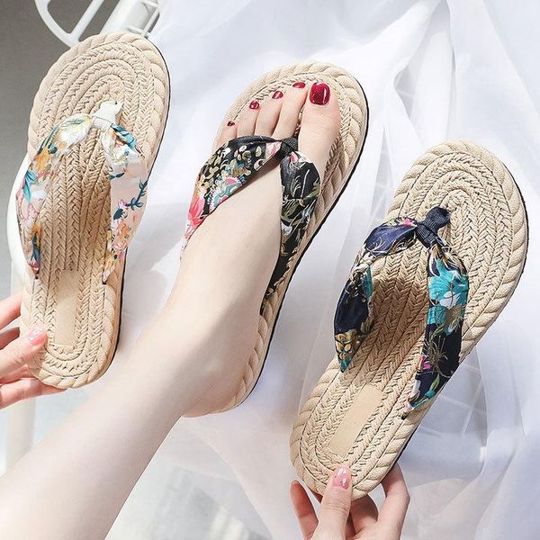 

slippers women summer imitation straw travel bottom clip character drag fashion bohemian satin with women's sandals, Black