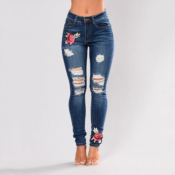 

stretch embroidered elastic flower slim womens jean denim pants hole ripped rose pattern pantalon femme, Blue