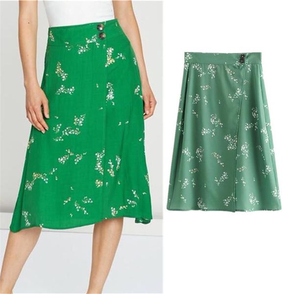 

skirts normov casual vintage print high waist skirt woman green floral knee-length a-line comfortable breathable polyester, Black
