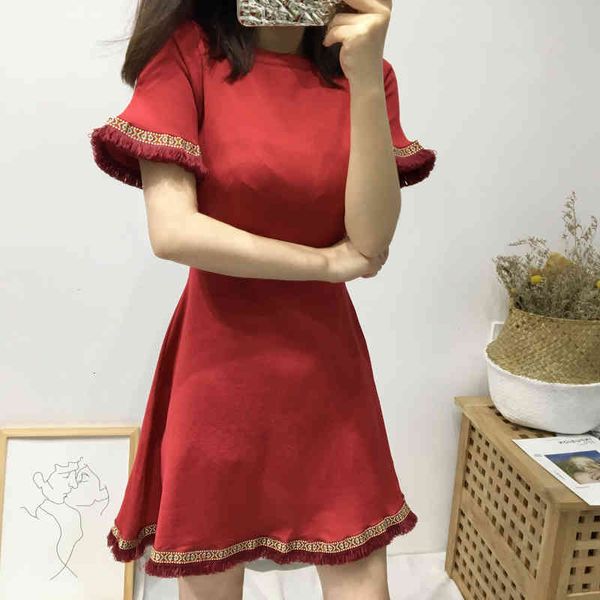 

dresses spring autumn retro sleeve a-line short knit women's slim tassel embroidered stretch flared mini knitted red, Black;gray