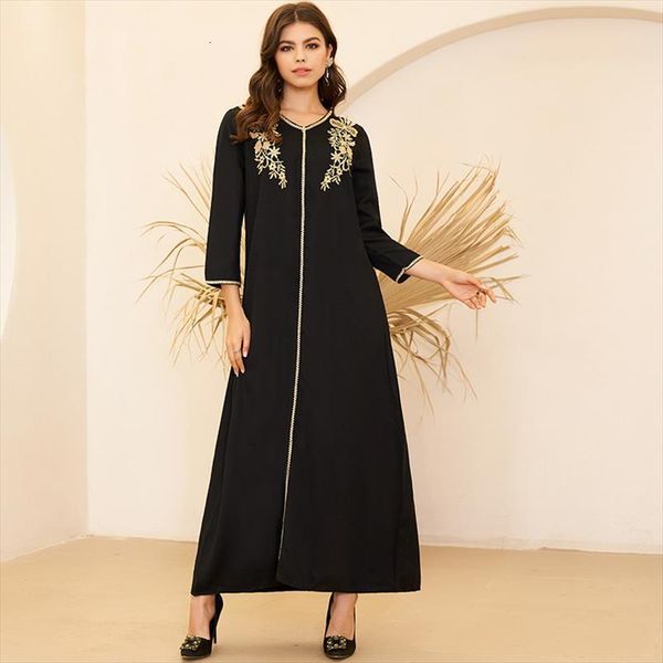 

summer fashion arabian style women dress v neck gold embroidery pair flower long loose sleeve, Black;gray