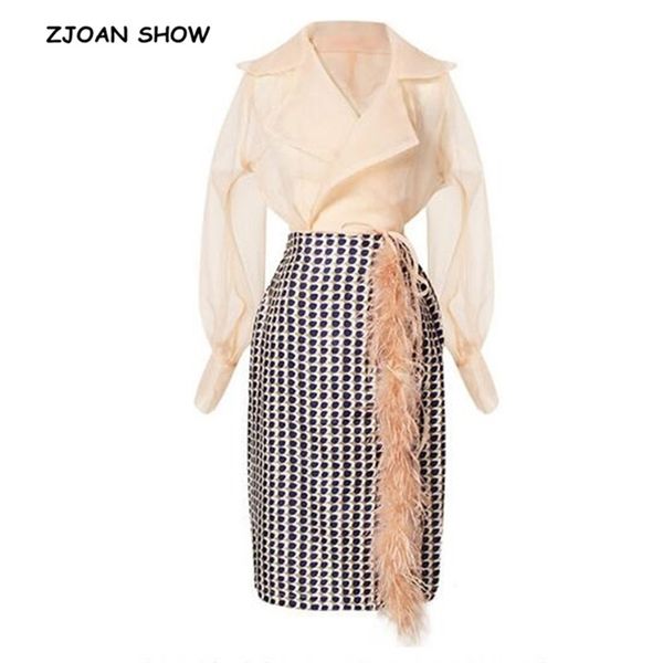 

2 pieces set women 1 notched semi sheer bow tide wrap shirt + high waist faux fur stitching split polka dot skirts 210429, White