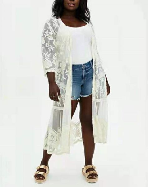 

women's swimwear brand torrid ivory mesh embroidered duster long cardigan lace kimono top, White;black