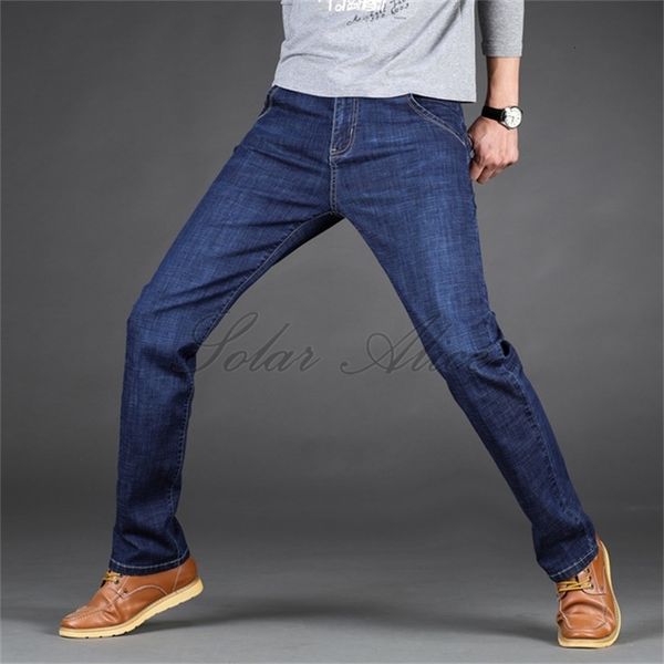 

men's summer mid-waist jeans cotton elastic straight loose casual pants thin, Blue