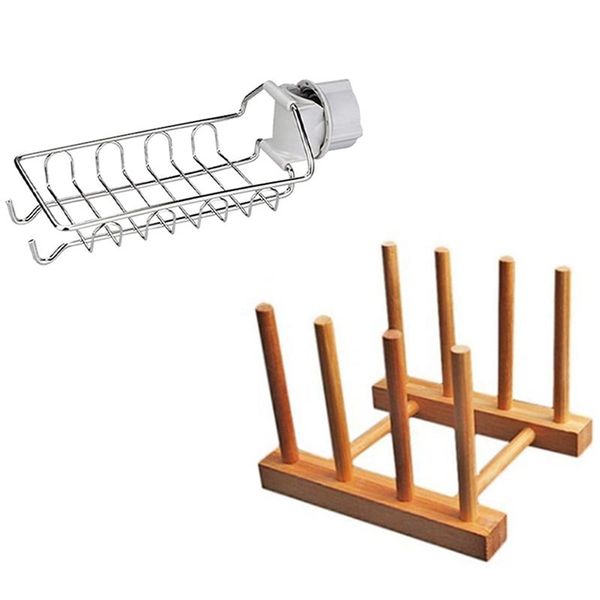 

1x wooden drainer plate stand dish fold rack holder & 2x sponge for sink kitchen storage organization