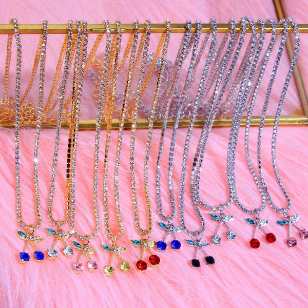 

designer necklace cender bohemian multicolor cherry crystal pendant girls luxury rhinestones chain choker fashion jewelry gift, Silver
