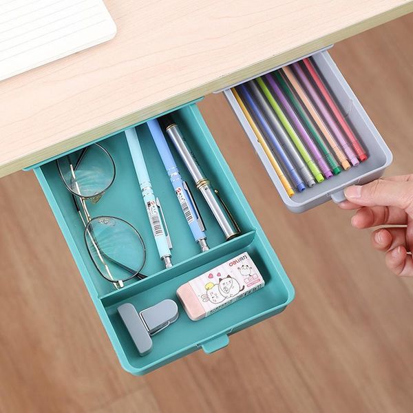 

storage drawers under desk drawer hidden box self-adhesive pencil pen holder with handle kitchen knife fork tray home organizer