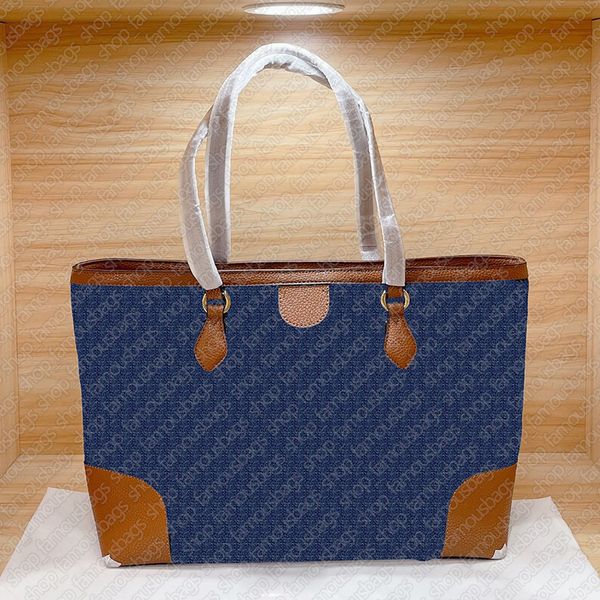 

women denim large tote shopping bag luxury designer brand classic ivory white letter print brown cowhide leather handle handbags shoulder ba